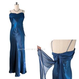 Vintage Prom Dress Maxi Gown 14 Blue Fairy Princess 90s Y2K Cowl Satin Ruffle